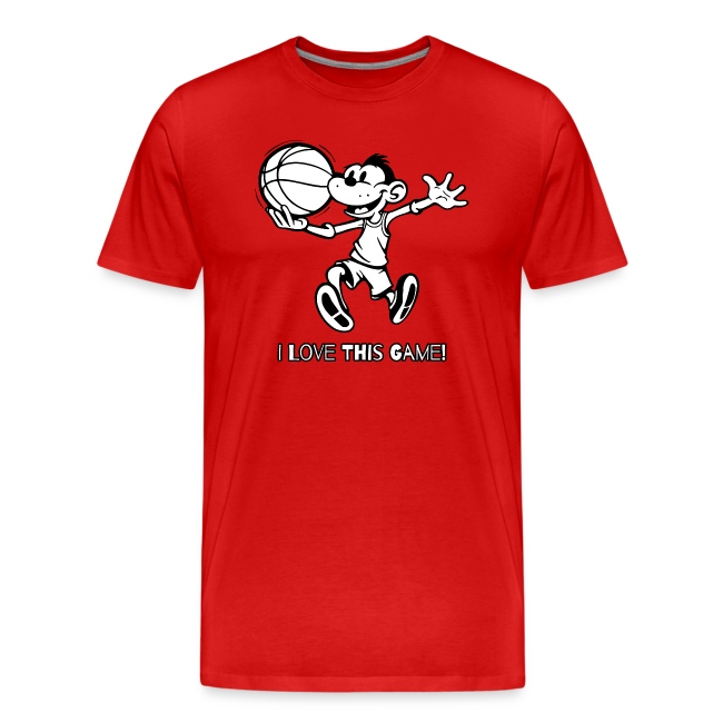 Playful red t-shirt featuring a cartoon character in athletic outfit, cheerfully holding a basketball above their head with the text 'I LOVE THIS GAME!'