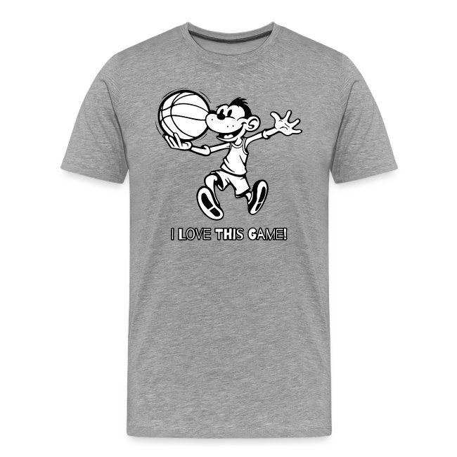 Gray T-shirt featuring a joyful cartoon character holding a basketball with the text 'I LOVE THIS GAME!' in bold letters, perfect for basketball fans.