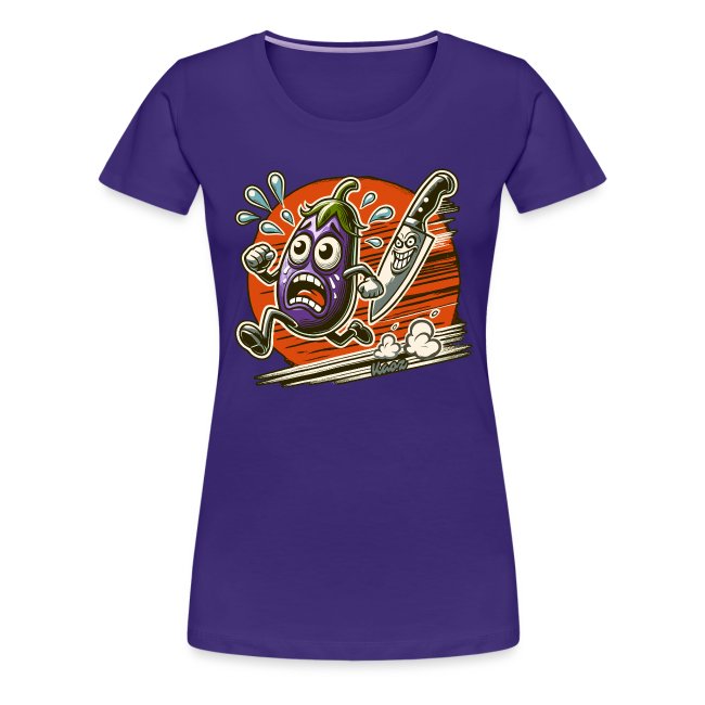 Humorous cartoon design on a purple women's T-shirt featuring a panicked eggplant running from a knife, set against a bold orange background.