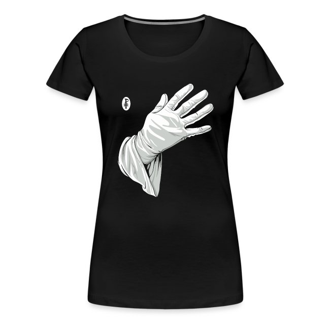 Black T-shirt featuring a detailed illustration of a floating white glove, creating a surreal and mysterious design.
