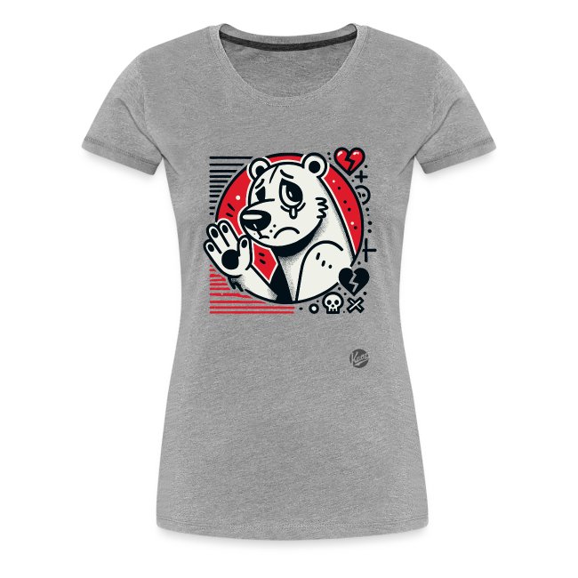 Grey women's t-shirt featuring a sad polar bear graphic design with a tear, surrounded by red and black hearts, skulls, and abstract patterns, catering to a youthful audience.