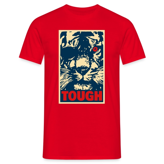 Red t-shirt featuring a striking graphic design of a tiger's face in dark blue and cream, with the word 'TOUGH' printed below in bold letters.