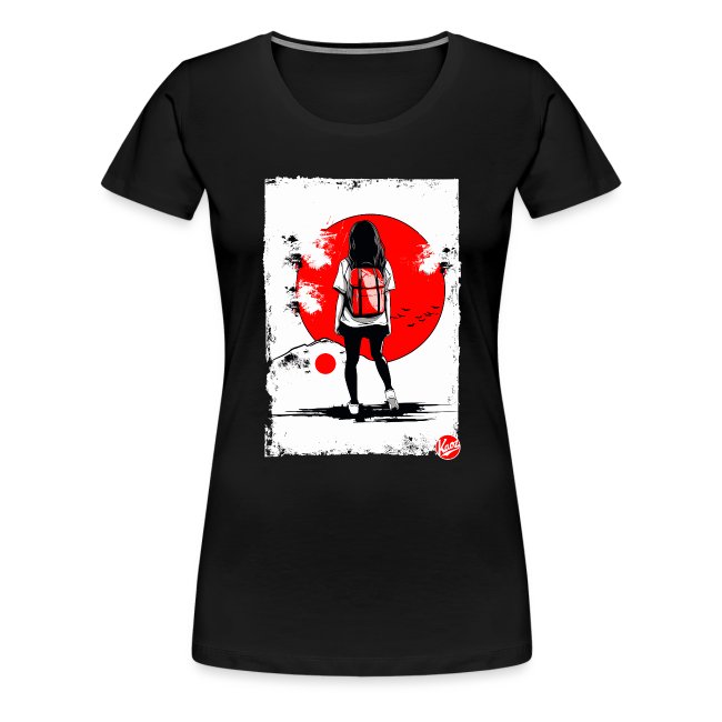 Black women's t-shirt featuring a stylish graphic of a girl with a red backpack in front of a large red circle on a white background, showcasing a modern sketch-like design.