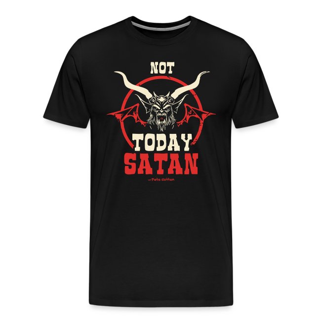 Black T-shirt with 'NOT TODAY SATAN' text and horned devil graphic in red, white, and cream colors