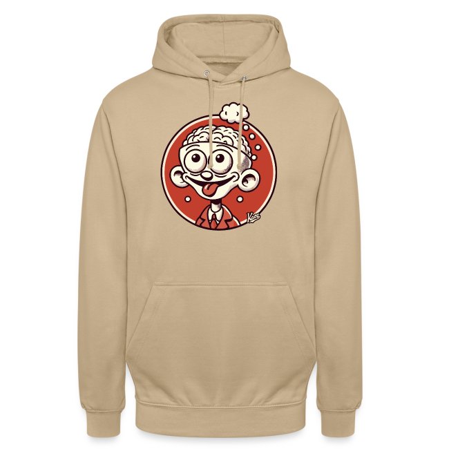 Beige hoodie featuring a cheerful cartoon character with large eyes, wearing a jacket and hat, enclosed in a vibrant red circular background.