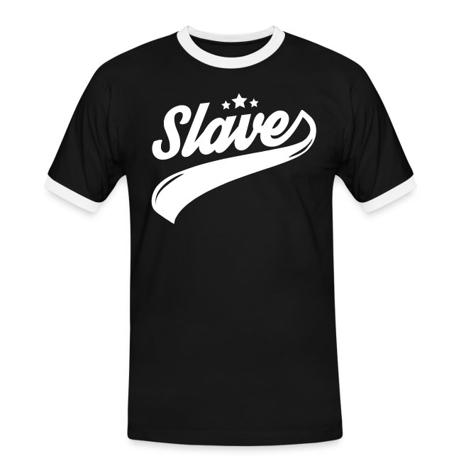 Black t-shirt featuring bold white lettering that reads 'Slave' with three stars above and a decorative underline, designed for casual wear.