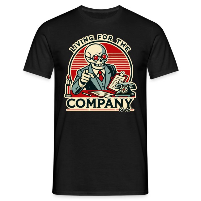 Black t-shirt featuring a colorful graphic design of a cartoon skeleton in a suit with sunglasses, sitting at a desk with a vintage telephone, accompanied by the text 'LIVING FOR THE COMPANY'.