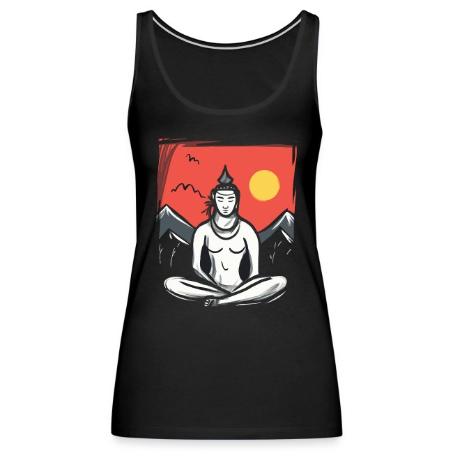 Black tank top featuring a vibrant graphic design of a serene figure in a meditative pose against a red sky, with a yellow sun, mountains, and birds, promoting mindfulness.