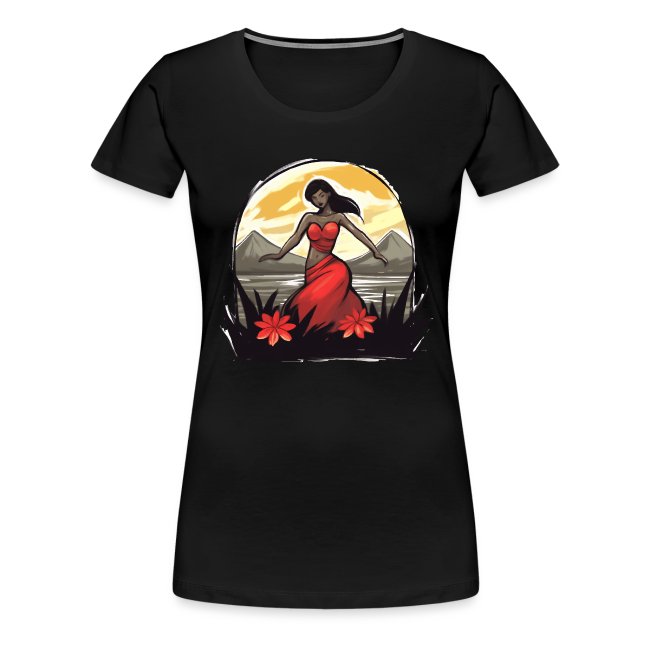 Black T-shirt with a vibrant graphic design of a woman in a flowing red dress, mountains, and sunset, complemented by colorful flowers.
