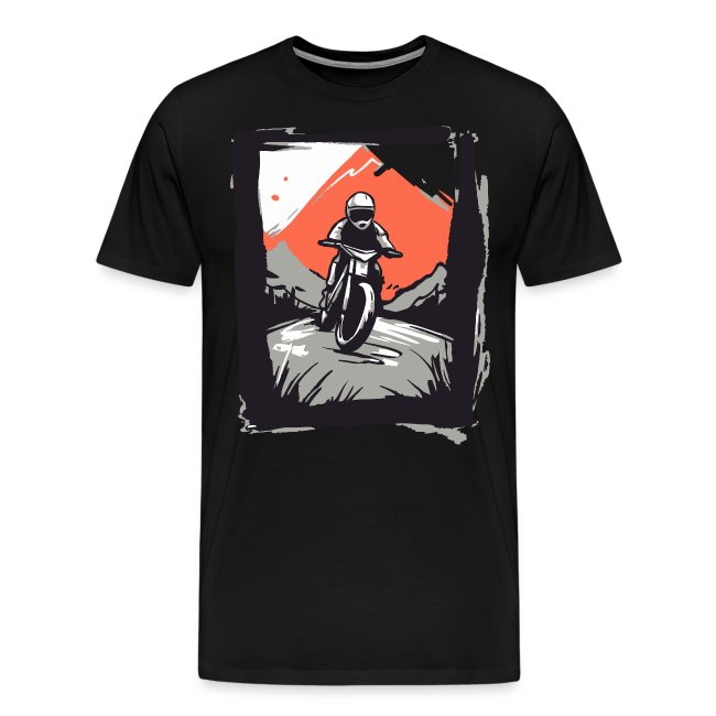 Black t-shirt featuring a vibrant graphic design of a motorcyclist riding through mountainous terrain with orange and white peaks.