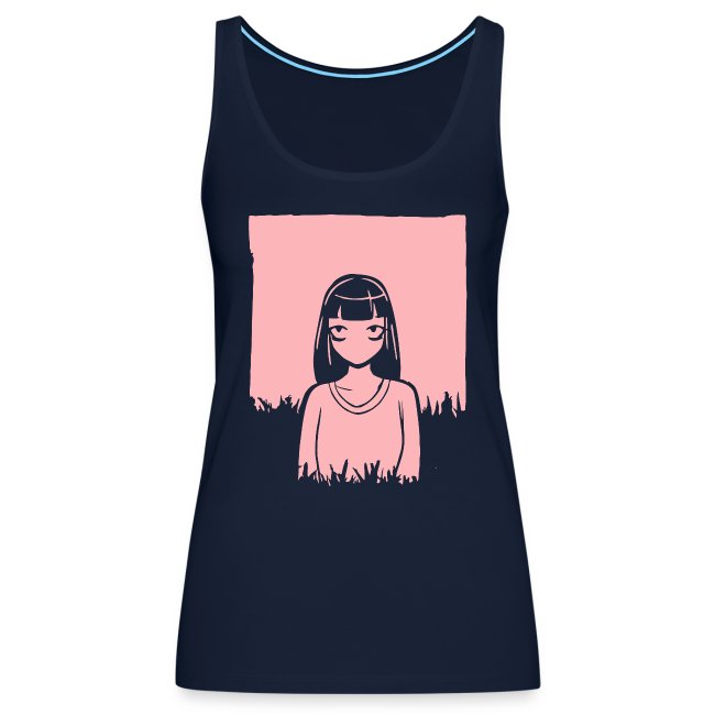 Stylish navy blue tank top showcasing a whimsical t-shirt design of a character with long black hair against a soft pink background in a grassy area.