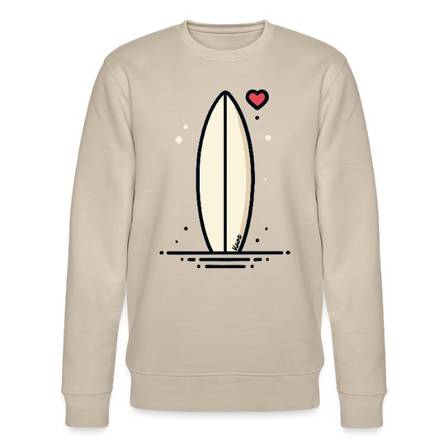 Beige sweatshirt featuring a black outline of a surfboard with a stylized red heart, embodying a love for surfing and beach culture.