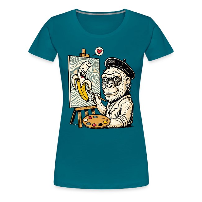 Vibrant teal t-shirt featuring a cartoon gorilla in a painter's beret creating art with a paintbrush on an easel, alongside a playful banana painting and a colorful painter's palette.