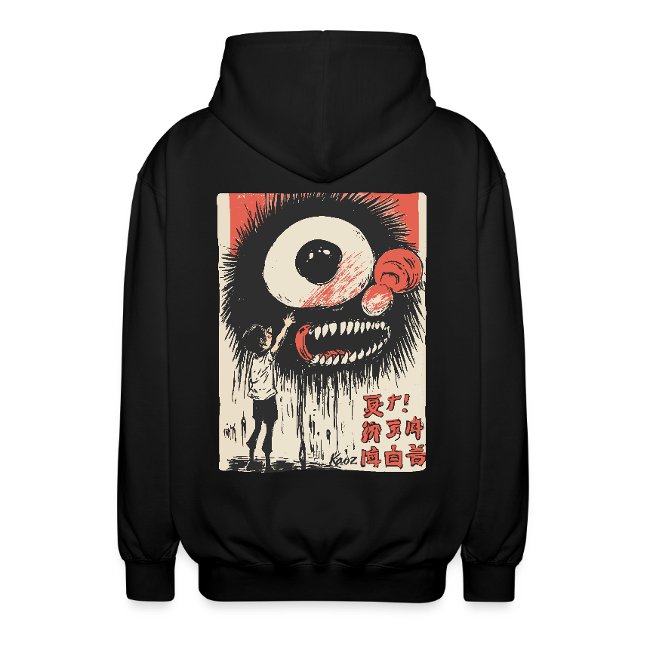 Black hoodie with colorful graphic design featuring a cartoonish one-eyed creature and a small figure interacting playfully, set against a vibrant background.