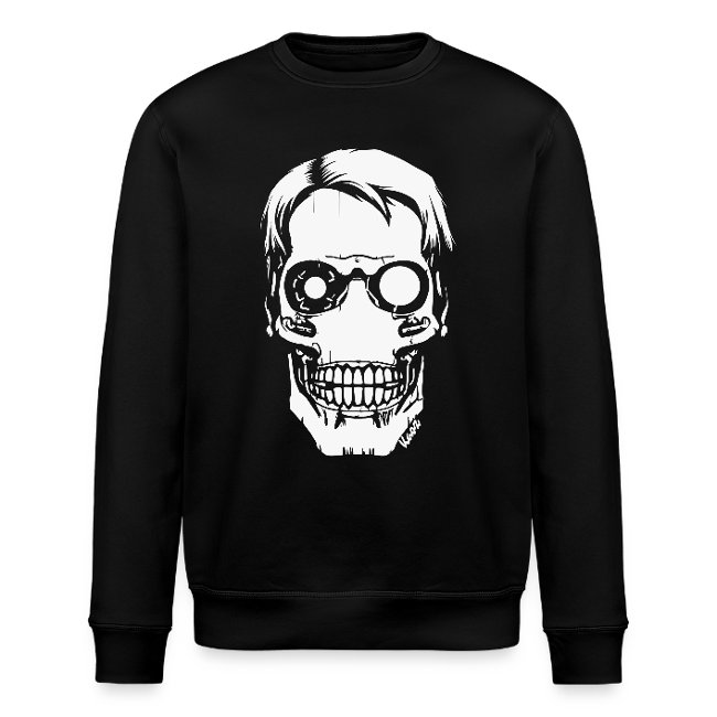 Black sweatshirt featuring a detailed white skull graphic design with glasses, perfect for alternative fashion enthusiasts.