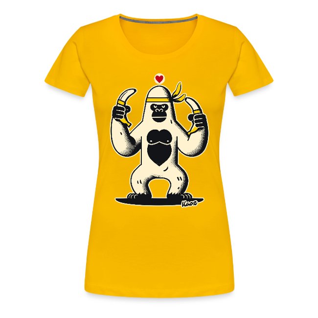 Illustrated yellow women's t-shirt featuring a playful gorilla with a bandana, heart design, and bananas, perfect for casual wear