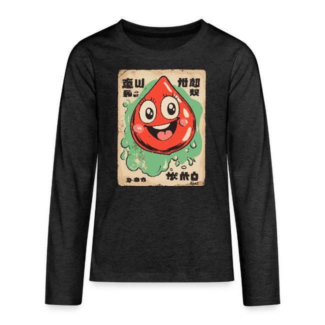 A long-sleeve black shirt featuring a playful vintage-style graphic design of a cartoon red droplet character with expressive eyes and a wide smile, surrounded by green splashes.