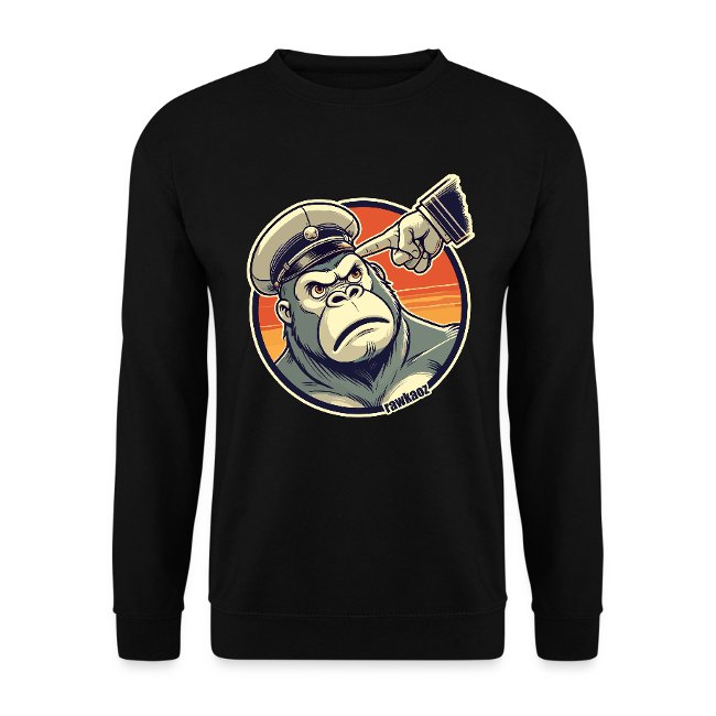 Black sweatshirt featuring an illustrated gorilla wearing a military-style cap, pointing at its cap with an intense expression against a vibrant sunset background.