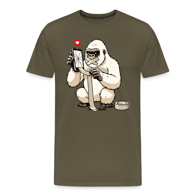 Cartoon gorilla fixing a cracked smartphone screen with tape, holding it lovingly, on an olive green graphic t-shirt.