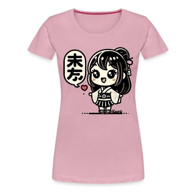 A playful pink t-shirt featuring a cartoon character with long dark hair, decorative hairpiece, and a traditional striped outfit, accompanied by a speech bubble in Japanese and a small heart symbol.