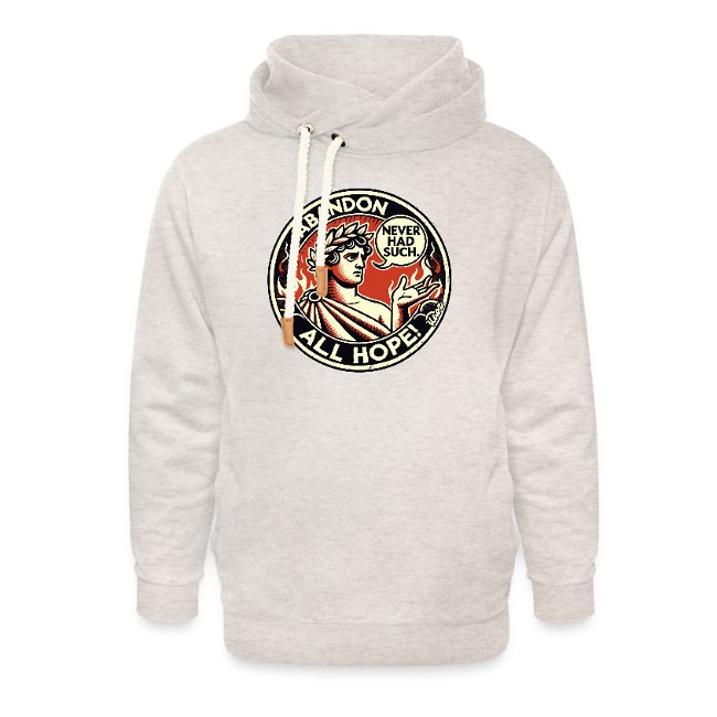 Casual light gray hoodie featuring a circular graphic design of a classical figure with the text 'ABANDON ALL HOPE' and 'NEVER HAD SUCH', perfect for unique fashion statements.