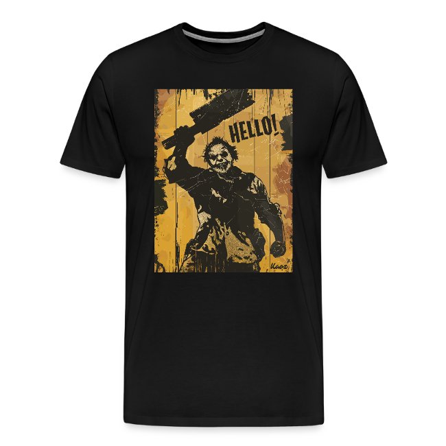 Black t-shirt featuring a stylized menacing character with a weapon and vibrant yellow distressed wood background, highlighted by bold text 'HELLO!'