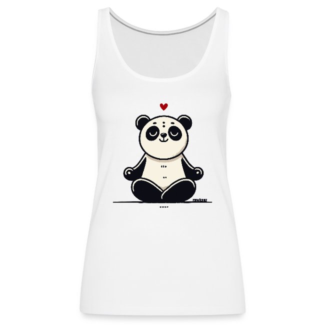 White tank top featuring a cheerful cartoon panda design, sitting cross-legged with a heart above its head, ideal for animal lovers
