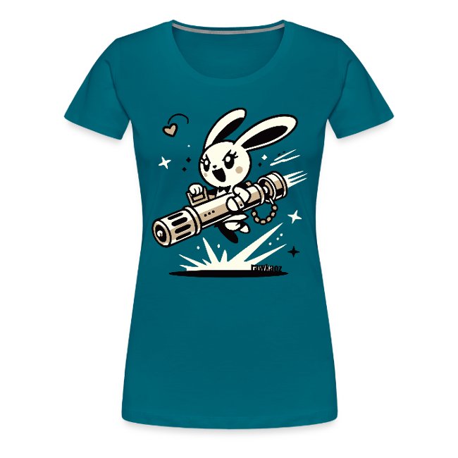 Energetic cartoon rabbit riding a large weapon on a teal women's t-shirt, featuring expressive facial features, a heart above its head, and dynamic lines and stars for added excitement.