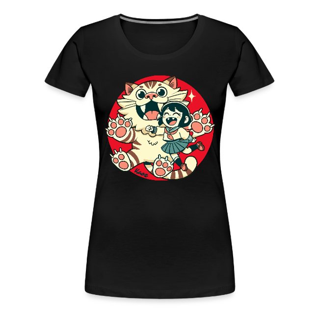 Black T-shirt featuring a colorful graphic of a cheerful girl in a school uniform with short dark hair, standing beside a whimsical, cartoonish cat with a wide grin and large paws, set against a vibrant red background.