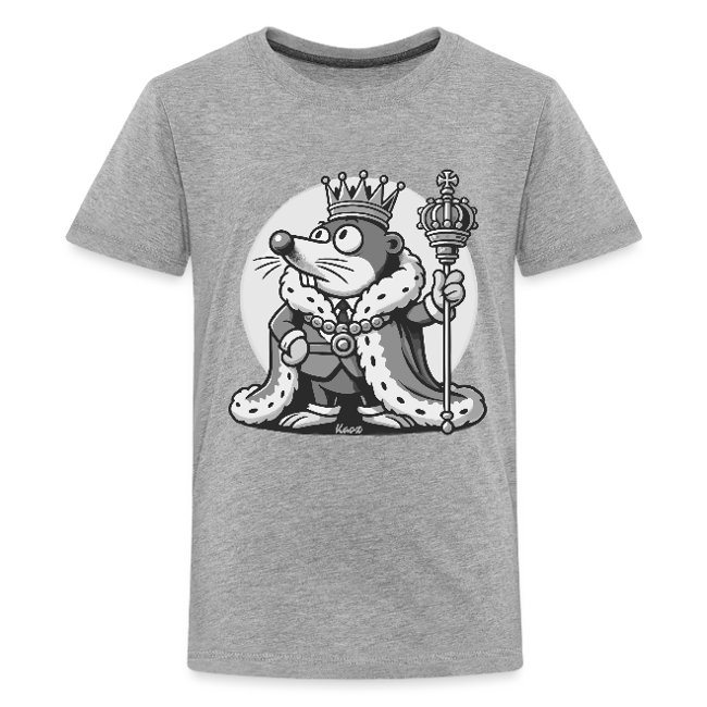Gray t-shirt featuring a cartoon design of a mole in a royal crown and fur-trimmed cape, holding a scepter, set against a white background.
