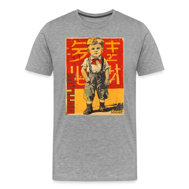 Gray t-shirt featuring a vibrant graphic design of a boy in vintage clothing, including a bow tie and suspenders, set against a bold red and yellow background.