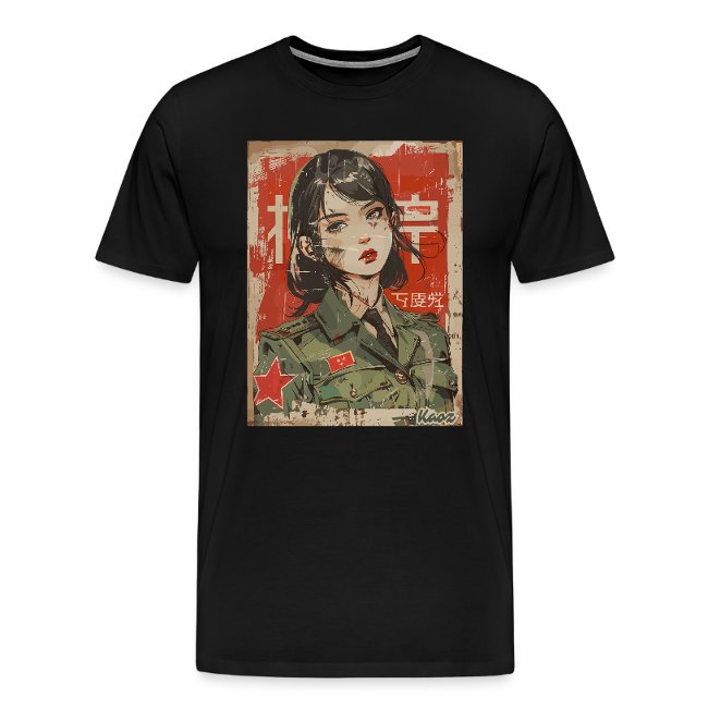 Black t-shirt with a vintage propaganda-inspired graphic of a woman in military attire, featuring a serious expression and a star insignia against a distressed red background.