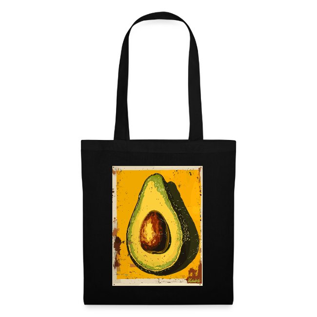 Black tote bag featuring a vibrant illustration of a halved avocado on a yellow background, with sturdy black straps for easy carrying.