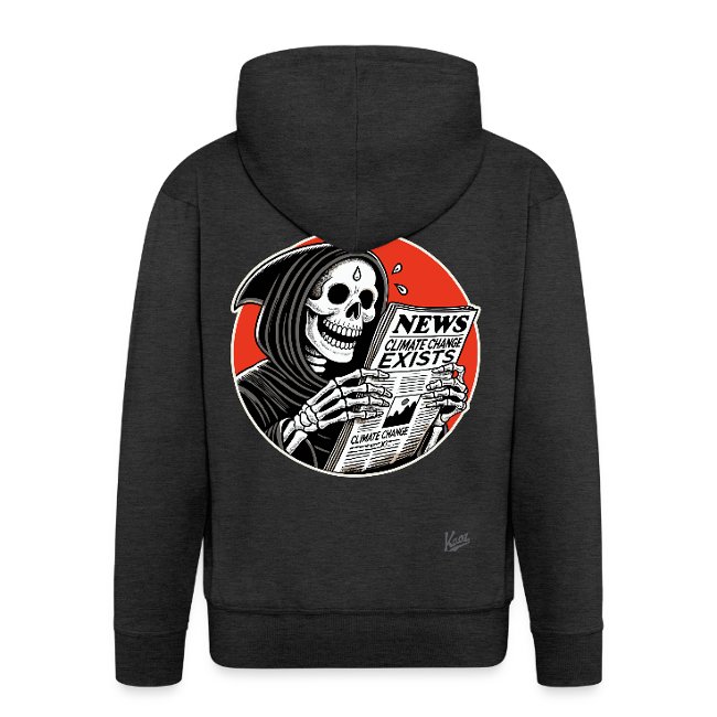 A dark hoodie showcasing a graphic of a skull in a hooded robe holding a newspaper with the headline 'NEWS: CLIMATE CHANGE EXISTS', set against a striking red circular background.